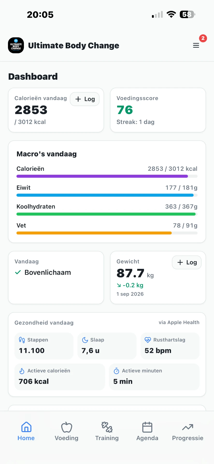 Klantdashboard in de app met calorieën, voedingsscore, macro's, workout, gewicht en Apple Health